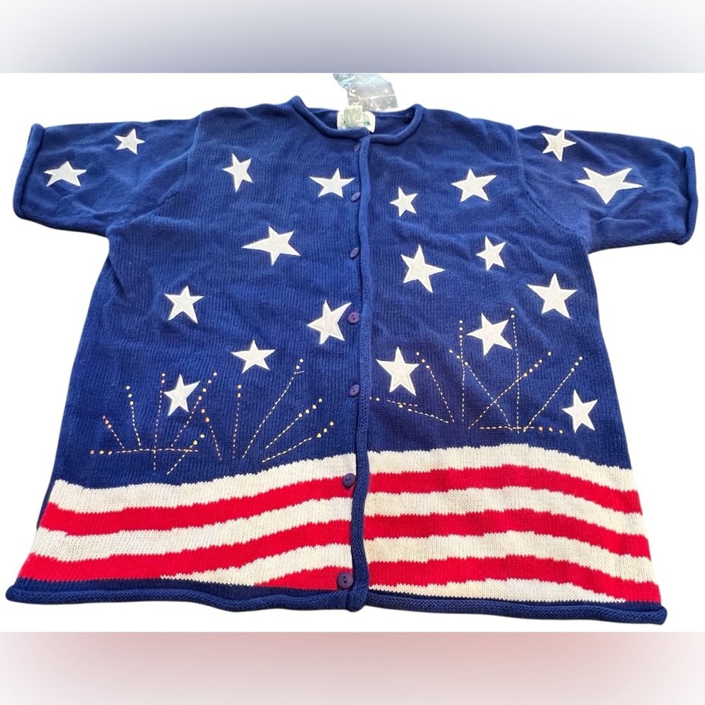 VTG Quacker Factory Large patriotic American Flag embroidered Stars Sweater New